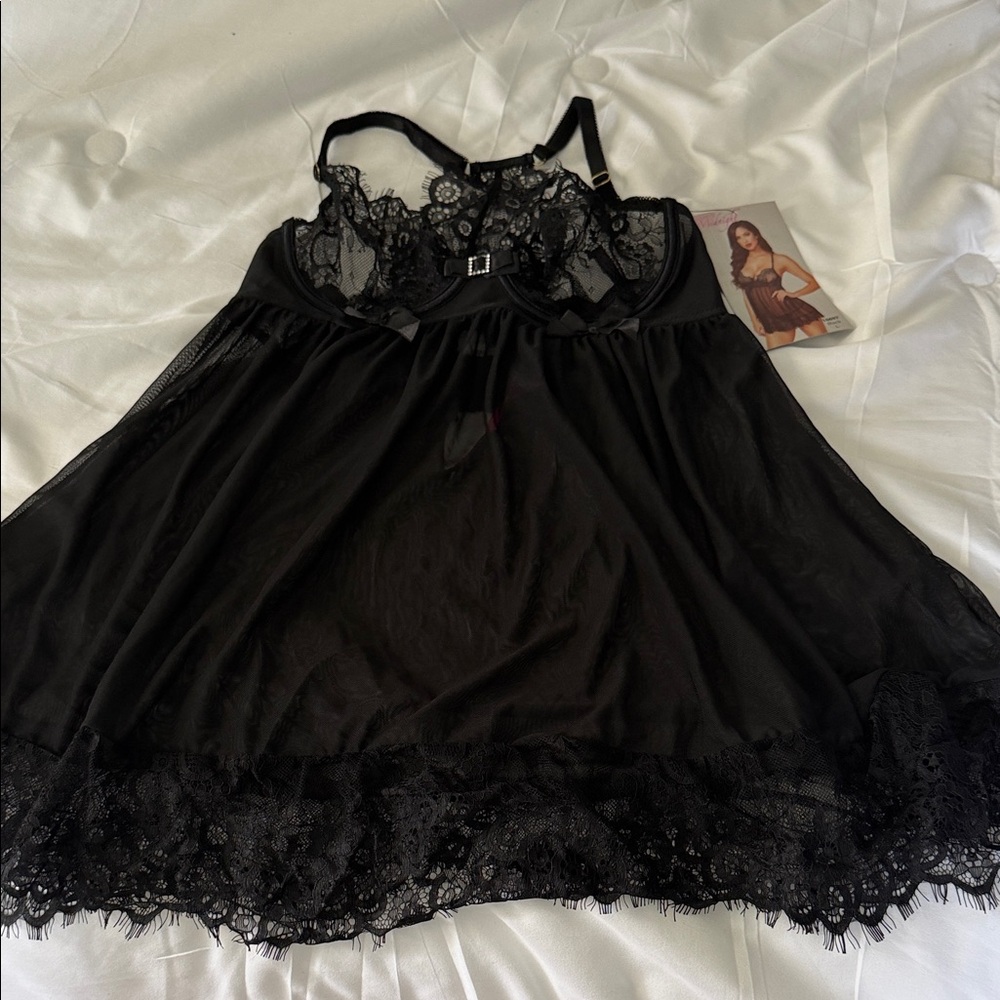 Sheer Black Lace Babydoll Chemise with Adjustable Straps